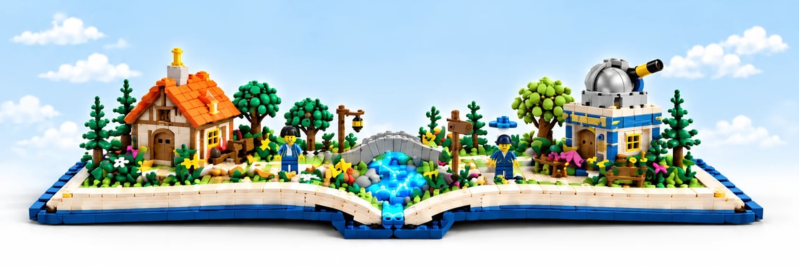 An open book built from LEGO, with a cottage, a stream and stone bridge, trees and an observatory.
