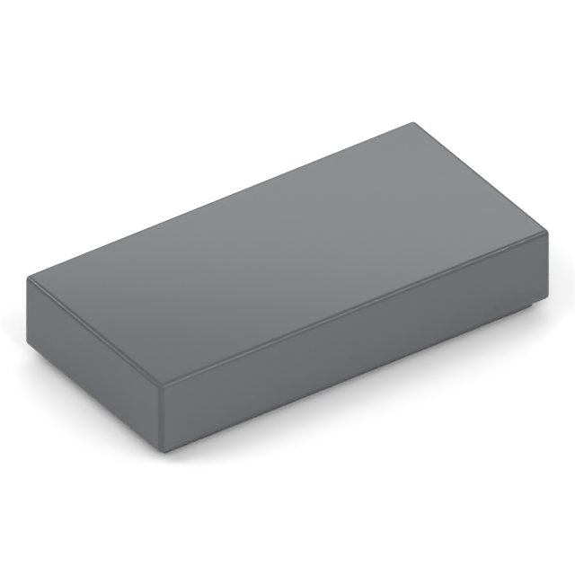 The same 1 x 2 tile in Dark Grey, called Dark Bluish Gray by BrickLink and Dark Stone Grey by LEGO.