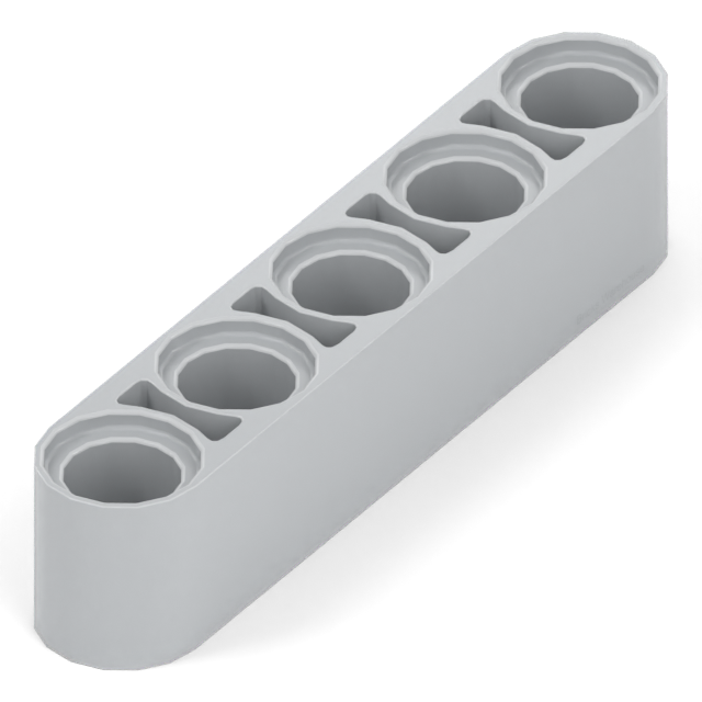 Part 32316: a thick studless Technic beam with five round holes and rounded ends.