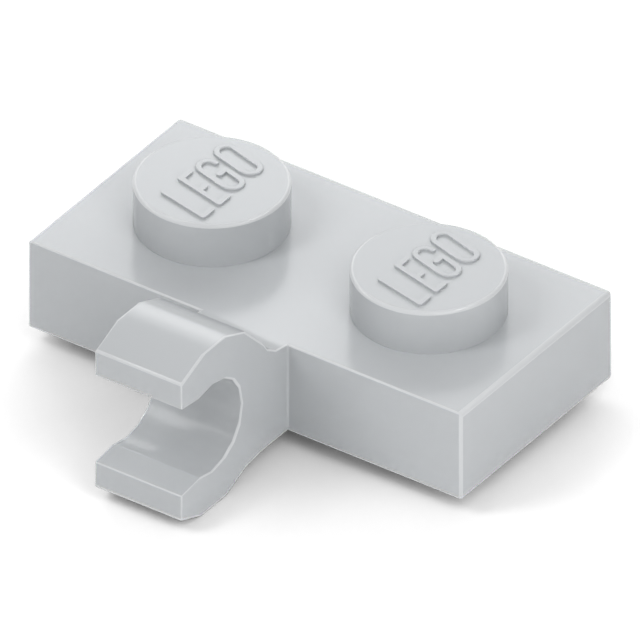 Part 11476: a 1 x 2 plate with a C-shaped horizontal-grip clip projecting from its long side.