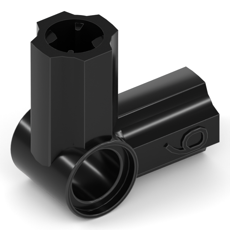 A black angled axle and pin connector, part 32014, with its two axle connections arranged at 90 degrees.