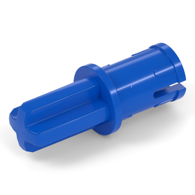 A blue Technic axle-pin with a cross-shaped axle at one end and a round friction pin at the other.