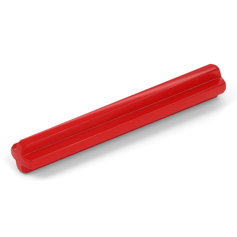 A red plain 4L Technic axle with a cross-shaped shaft along its length.