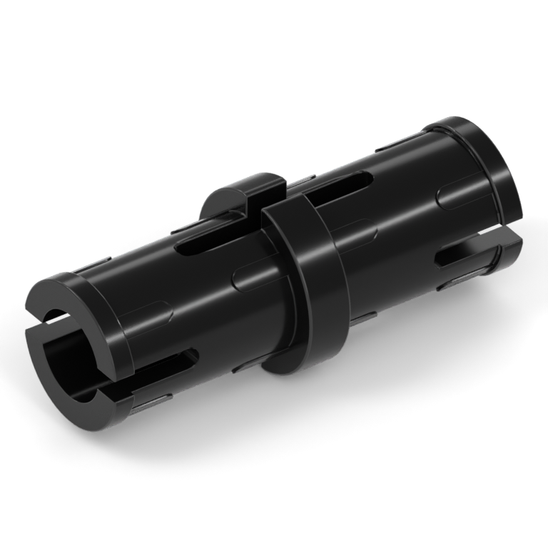 A black 2L Technic pin, with a round split shaft, central collar and friction ridges.