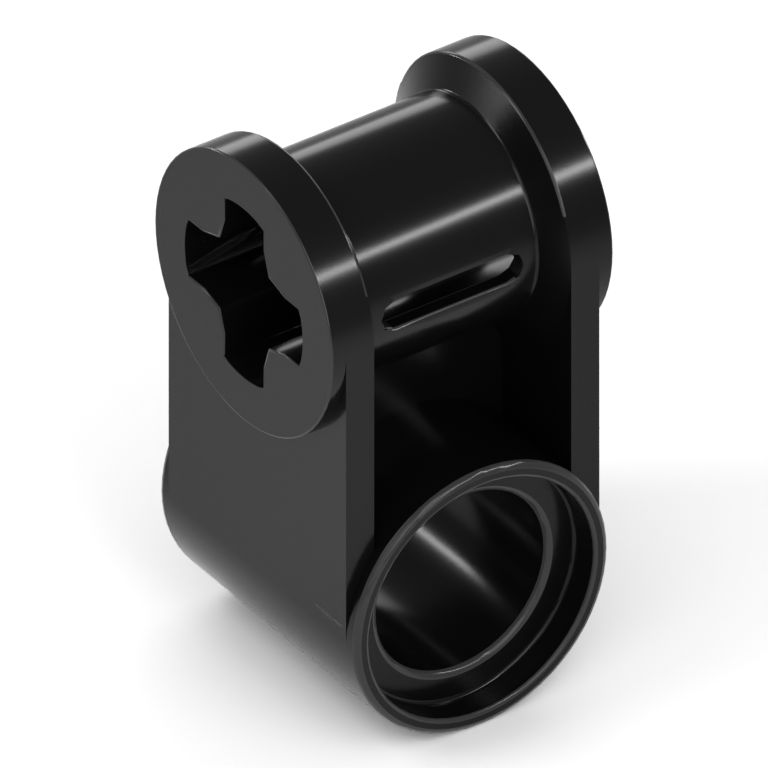 A black axle and pin connector, part 6536, with an axle opening perpendicular to its round pin opening.