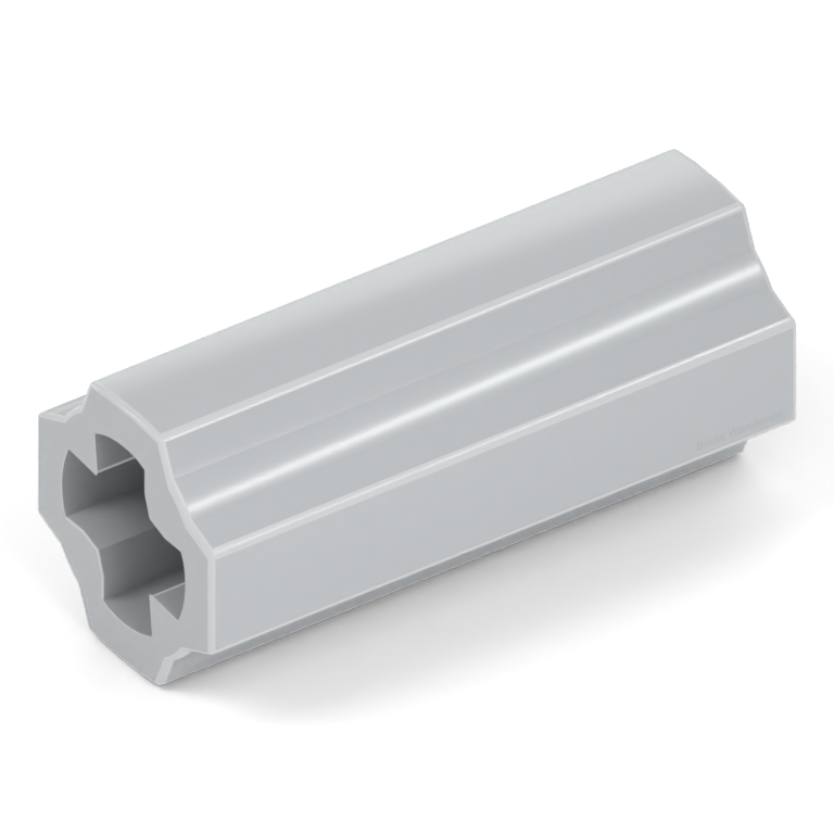A Light Grey straight 2L axle connector, part 6538c, with axle openings along the same line.